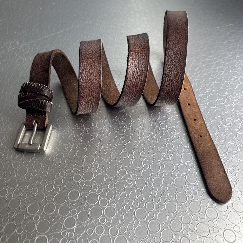 Womens XL Brown Leather Skinny Belt Minimalist 90s Grunge Boho 3/4” Added Hole